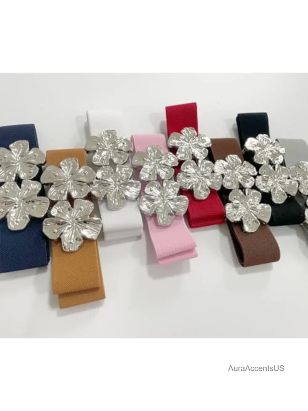 Elastic Stretch Waist Belt with Metal Flower Buckle